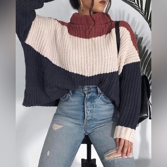 POL Sweaters - NWOT POL Womens Oversized Chunky Knit Cowl Neck Sweater Colorblock Small Batwing